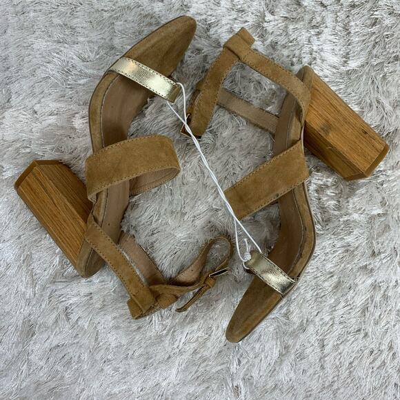 RAYE Gold Tan Suede Wood Heels Revolve Sz  8.5 - Picture 1 of 9